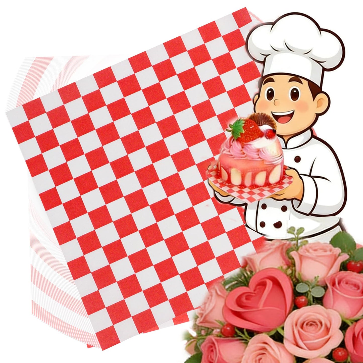 PANKQQ 100Pcs Valentine's Day Deli Paper Sheets, Ultra Grease Resistant Wax Paper Sheets for Food 7x7", Premium Sandwich Wrapping Pa-per at School Lunches, Perfect Food Basket Liners for Festival