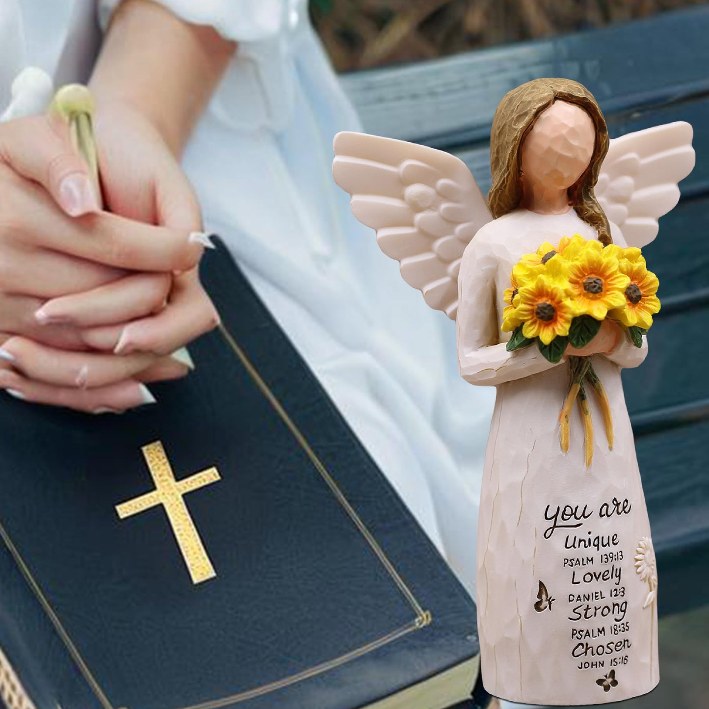 AUMELO Christian Gifts for Women Birthday Unique, Religious Gifts for Women, Friends, Mom, Sister-Spiritual Inspirational Gift, Hand-Painted Sunflower Angel Figurine