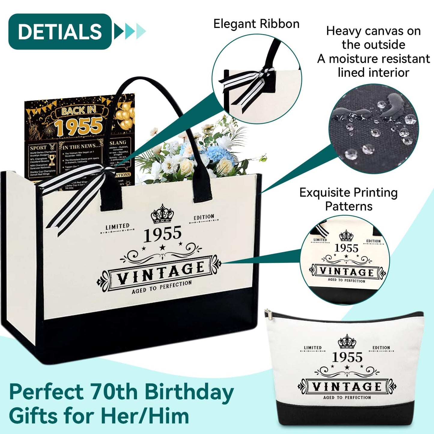 TrophyToast 70th Birthday Gifts for Women Her- 4 pcs, Turning 70 Year Old Gifts, Decorations Canvas Beach Tote Bag & Makeup Bag, Unique Happy 70th Birthday gifts for Her Mom Wife Friends