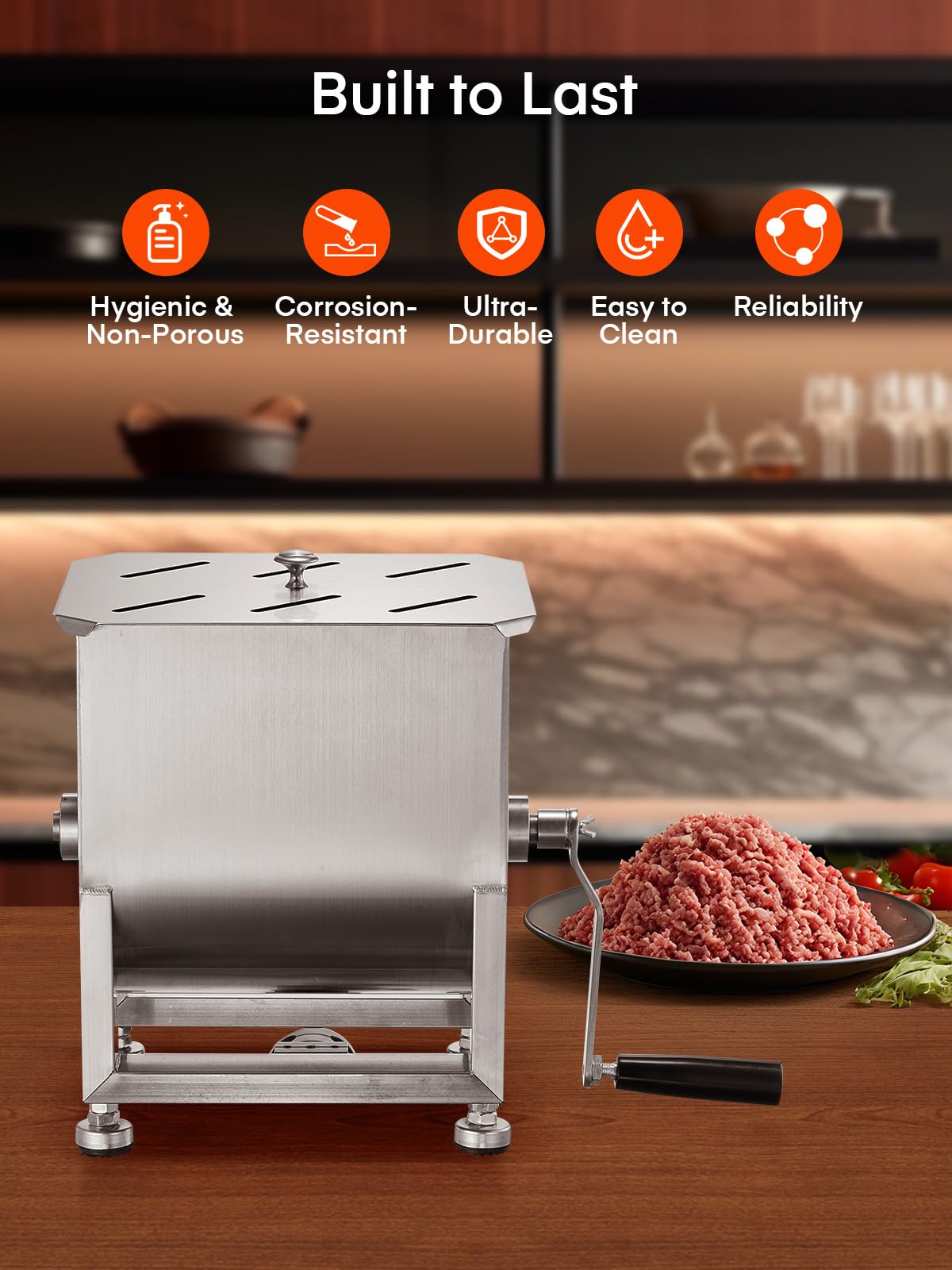 Meat Mixer, 20LBS/10L Capacity Tank 304 Stainless Steel Manual Meat Mixer, Meat Mixer for Sausage with Stainless Steel Lid ＆ Deachable Handle, Mix Up to 15LBS/7.5L