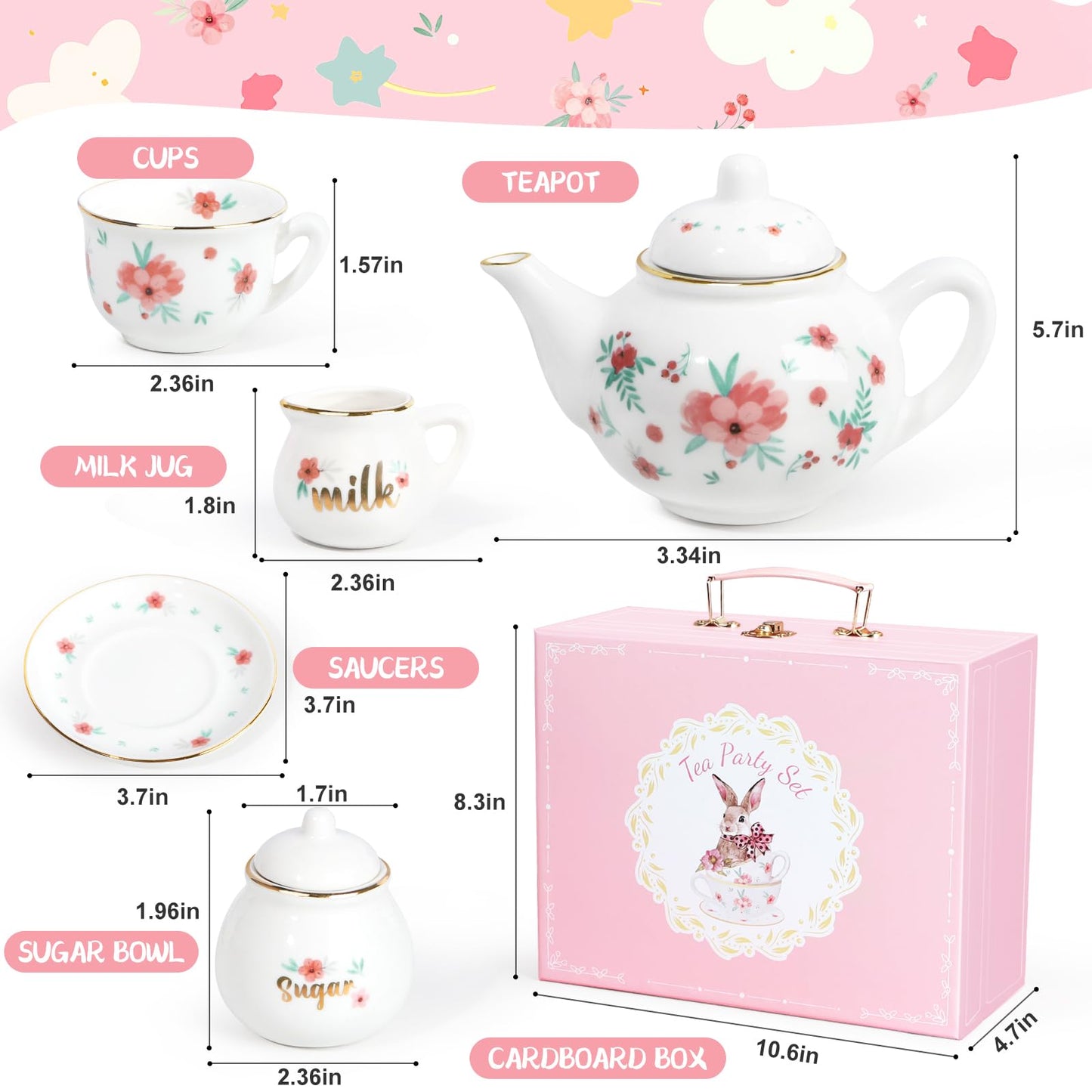 Porcelain Tea Set for Girls, Tea Party Set for Little Girls, Kids Tea Set Kitchen Pretend Play, Princess Tea Time Playset with Teapot Cups Carry Case, Toddler Girl Toys Birthday Gifts Age 3+