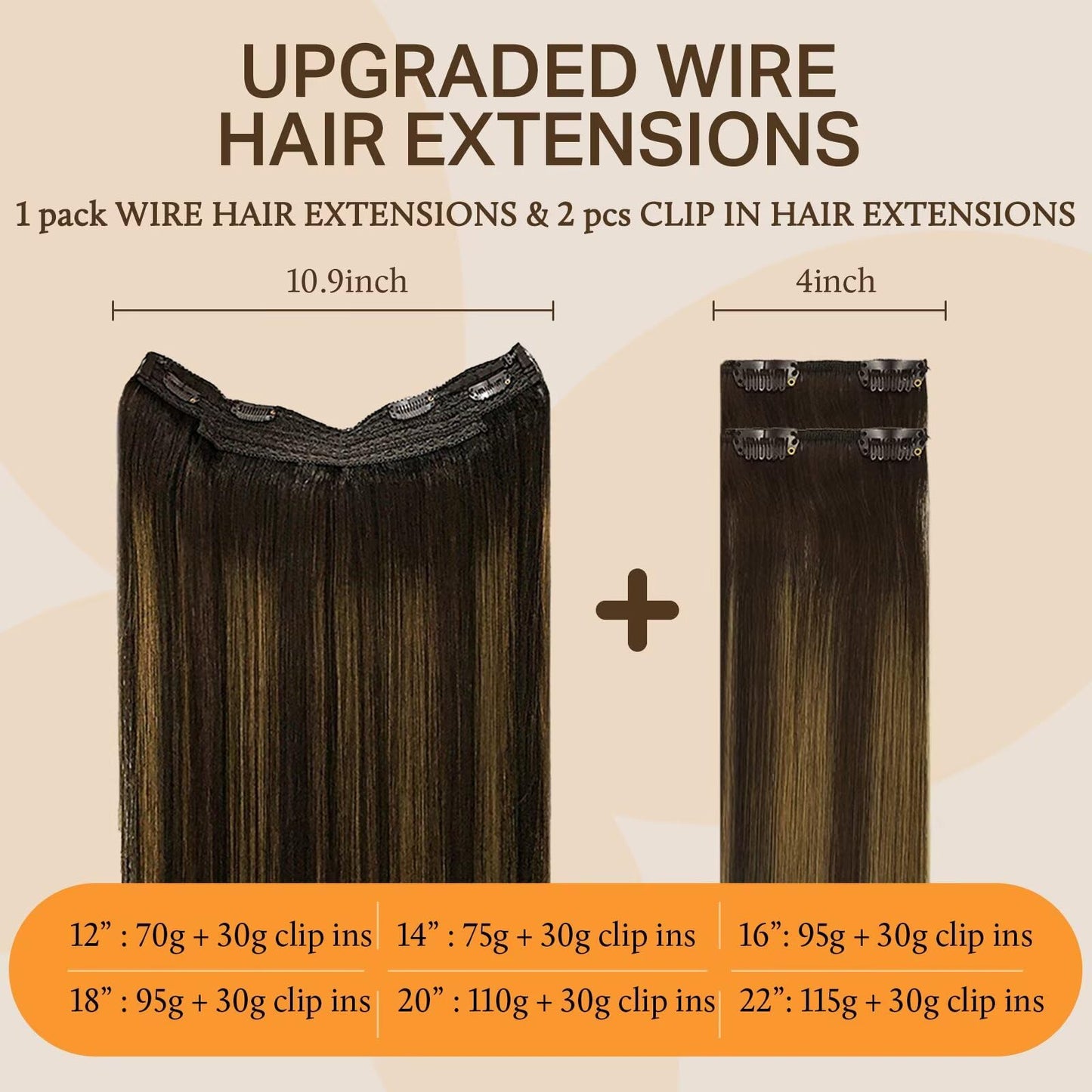 DOORES Wire Hair Extensions, Balayage Chocolate Brown to Caramel Blonde 16 Inch 95g Fish Line Weft Extensions and 2pcs 30g Clip