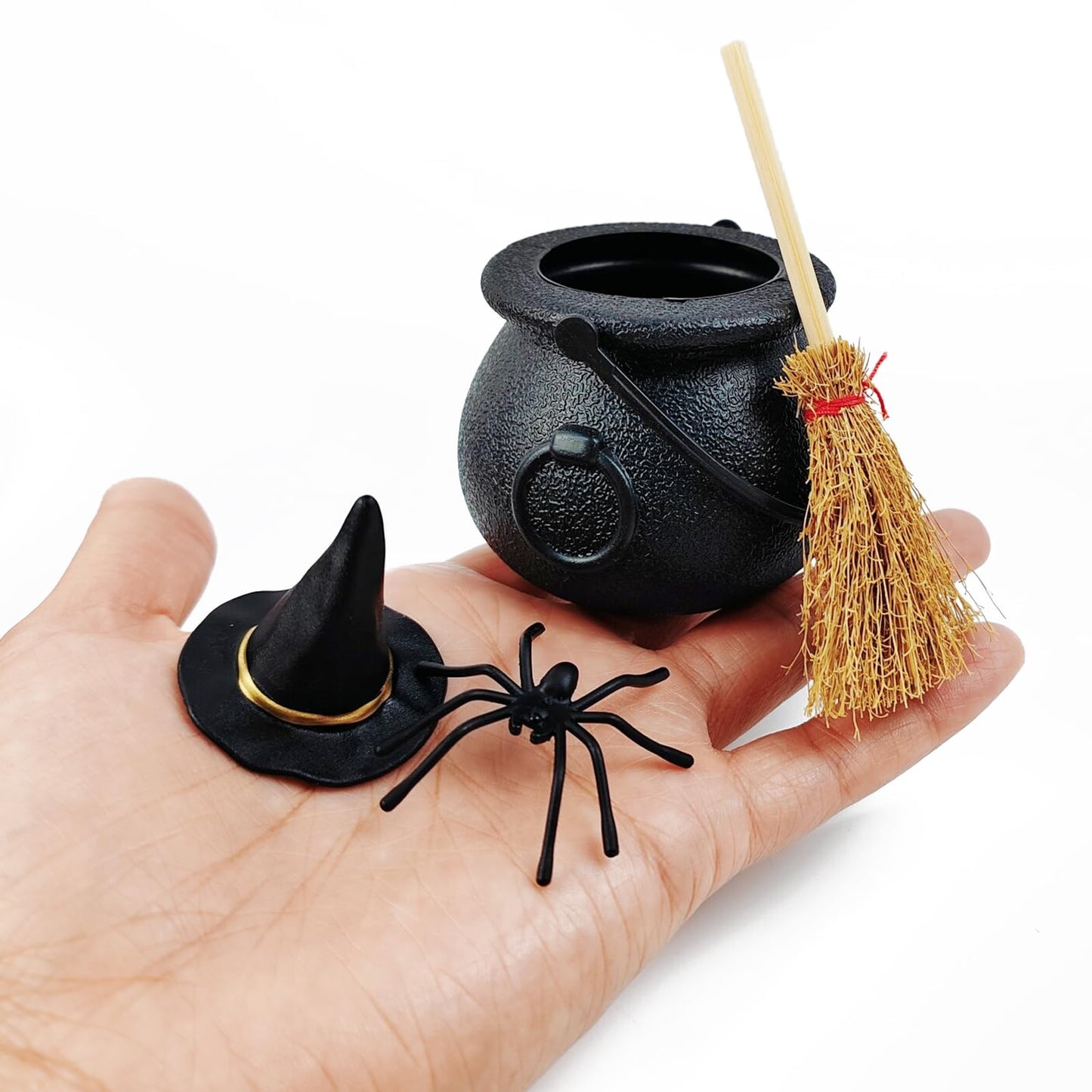 ROYHOO 48PCS Halloween Mini Witch Cauldron Set- 12 Pack Small Plastic Black Candy Cauldron with Spider, Broom, Witch Hat for Halloween Dollhouse Craft Accessories Table Decoration Supply