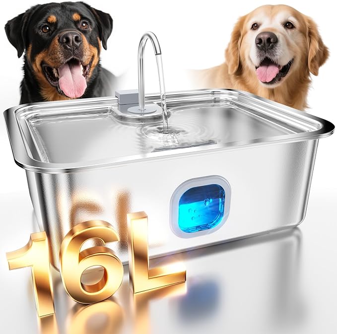 4.2Gal Dog Water Fountain for Large Dogs, 16L Stainless Steel Large Dog Fountain Water Bowl with Deeper & Wider Drinking T...