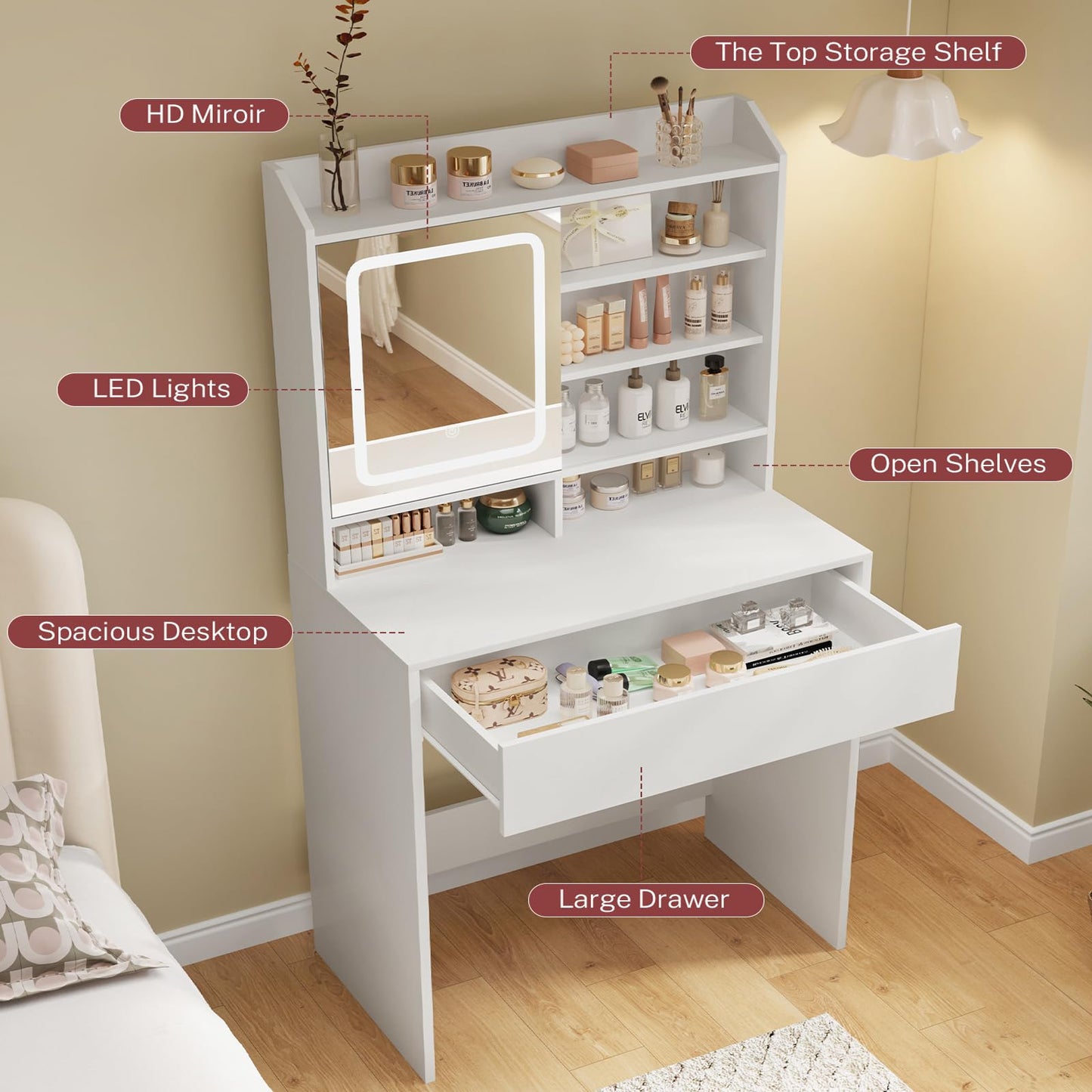 usikey Small Vanity Desk with Mirror and Lights, Makeup Vanity with Lighted Sliding Mirror, 3 Lighting Modes, 1 Large Drawer & 3 Hidden Storage Shelves, Vanity Table for Bedroom, Closet, White