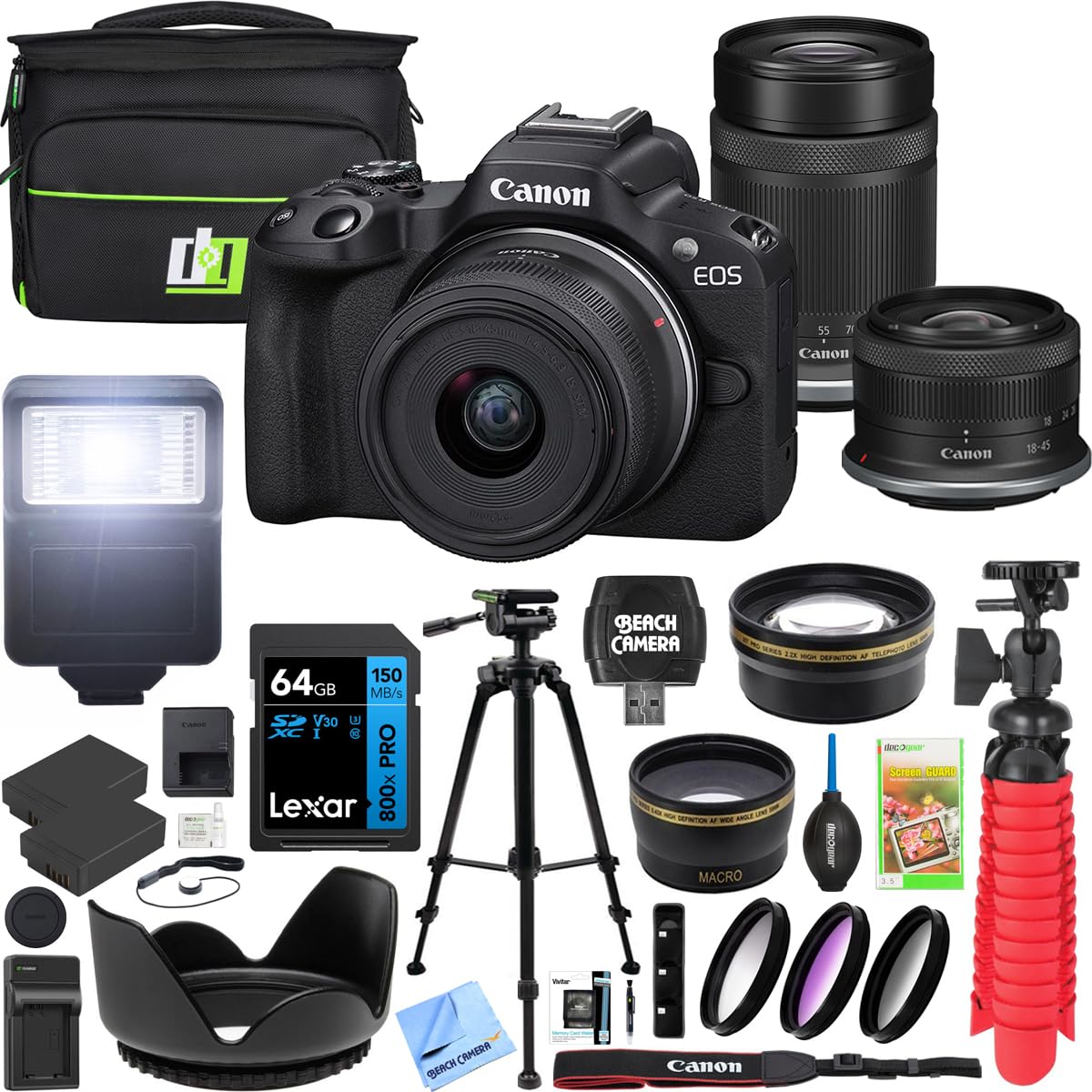Canon EOS R50 Mirrorless Camera Body with 2 Lens Kit RF-S 18-45mm is STM and 55-210mm is STM 5811C022 Bundle with Deco Gear Bag + 2 Battery +Tripod + Filters + Wide Angle & Telephoto Lenses & More