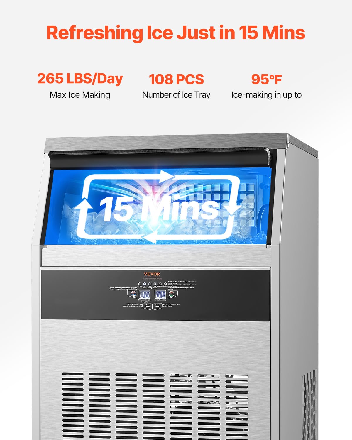 VEVOR Freestanding Ice Maker Machine for Bar Office Restaurant (265lbs/24H)