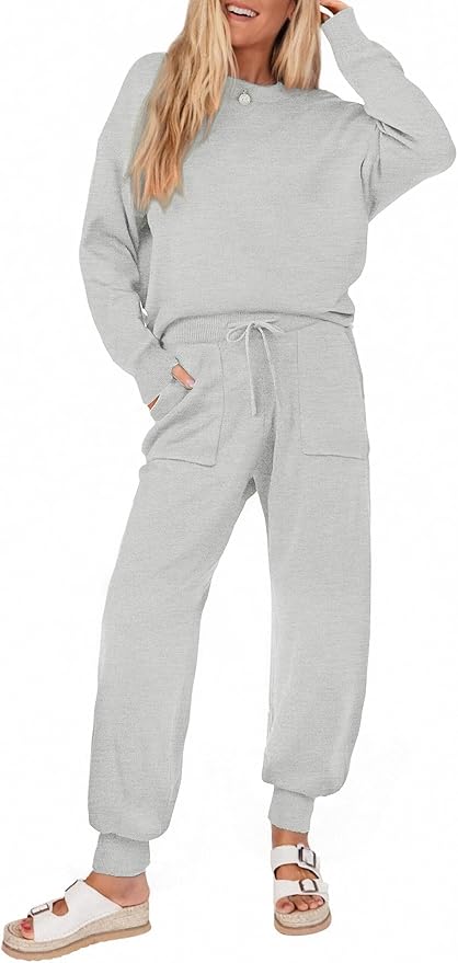 Ekouaer Women's 2 Piece Lounge Set Long Sleeve Knit Pajamas Sweatsuit Jogger Pant Outfits With Pockets S-XXL