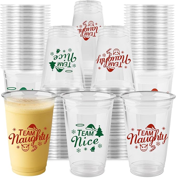 60 Pack Christmas Disposable Cups – 16oz Plastic Party Cups with Naughty or Nice Design Red Holiday Solo Cups, Perfect for...