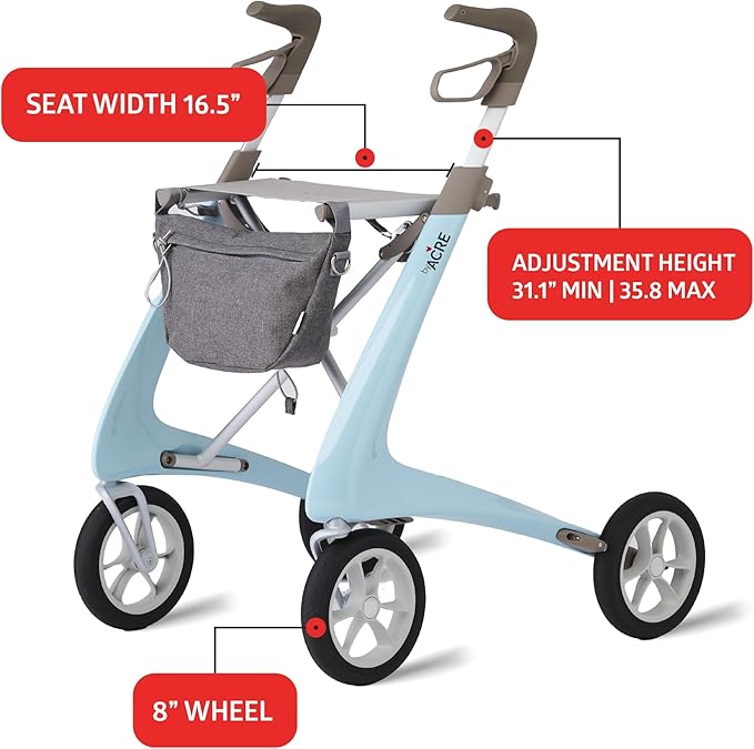 byACRE Ultralight Rollator Walker with Seat, Lightweight Folding Mobility Aid for Seniors, Compact Upright Walking Support,16.5" x 24" Seat (W x H), Comfort Handles and Storage, Blue
