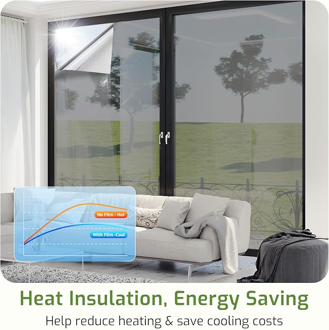 LUTE One Way Window Privacy Film, Window Tint for Home, Sun Blocking UV Heat Blocker, See Out Not in Reflective Mirror Film, Removable Static Cling Glass Door Cover, Black Silver, 23.6" x 78.7"