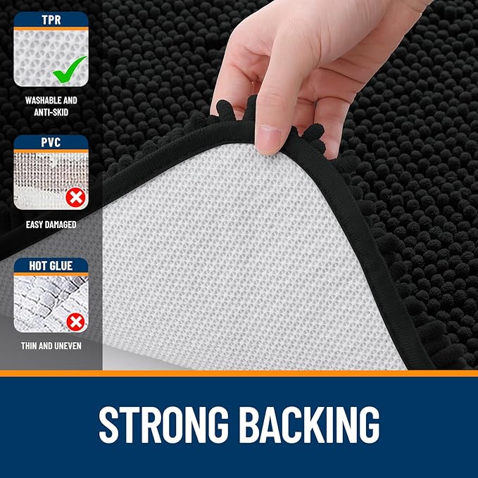 OLANLY Bathroom Rugs 47x32, Extra Soft Absorbent Chenille Bath Rugs, Rubber Backing Quick Dry, Machine Washable Bath Mats for Bathroom Floor, Tub and Shower, Home Decor Accessories, Black