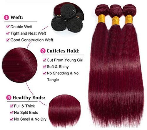 Color 99J Human Hair Bundles Burgundy 18 20 22 Inch Straight Burgundy 99J Bundles Human Hair Extension 11A Brazilian Virgin Quick Weave Hair for Black Women