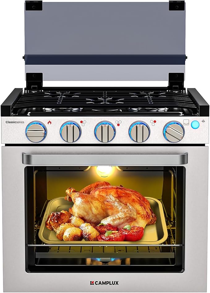 CAMPLUX Classic RV Stove Propane Range 21 Inches, Propane Oven with 3 Burners Cooktop for RV, RV Oven Stove Combo 28,100 B...