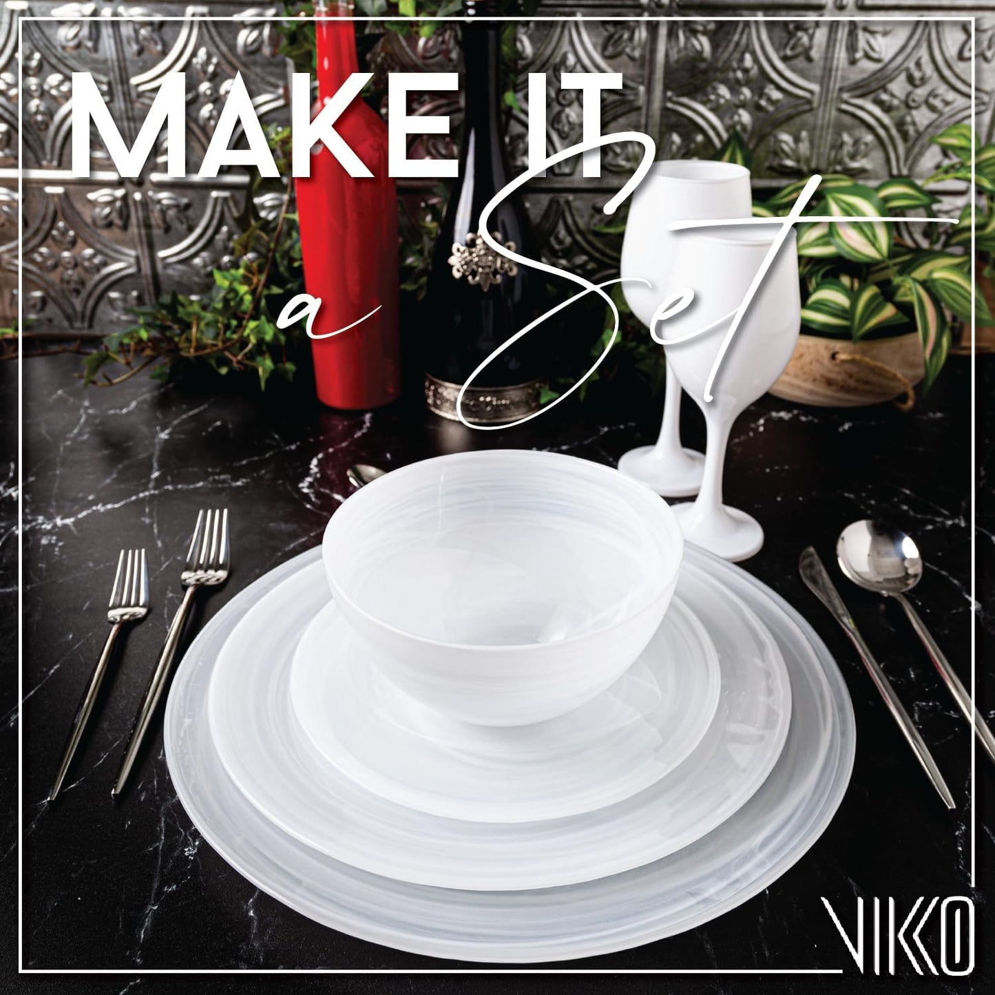 Vikko Charger Plates, Set of 6 White Alabaster Dinner Plates, 13" Plate with Marbelized, Swirl Design, Elegant Glass Charger, Dishwasher Safe