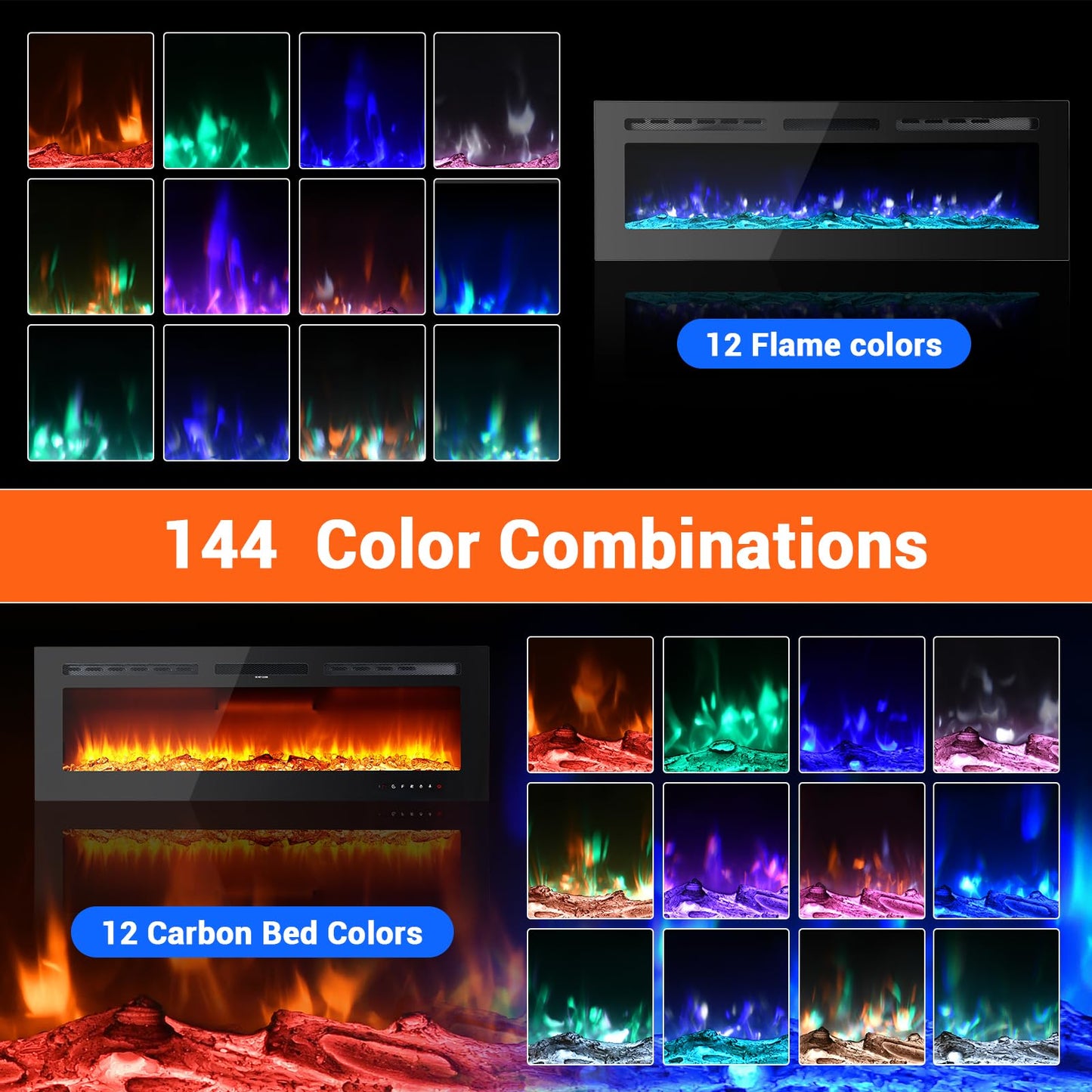 Takywep Electric Fireplace Insert, 50 Inch Wall-Mounted or Recessed with Timer, 5120 BTU Heat, 12 Flame Colors