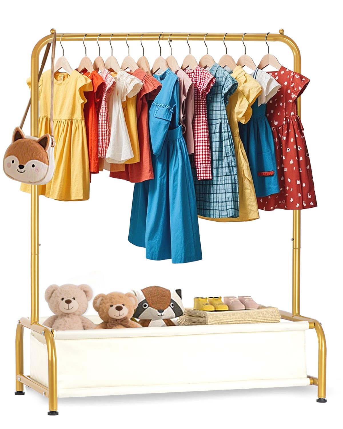 Atrastout Kids Clothing Rack-Portable Kids Clothing Rack with Storage Shelf - Toddler Garment Organizer for Baby Clothes, Dance Costumes, Girls Gift Ideas（Bright Gold）