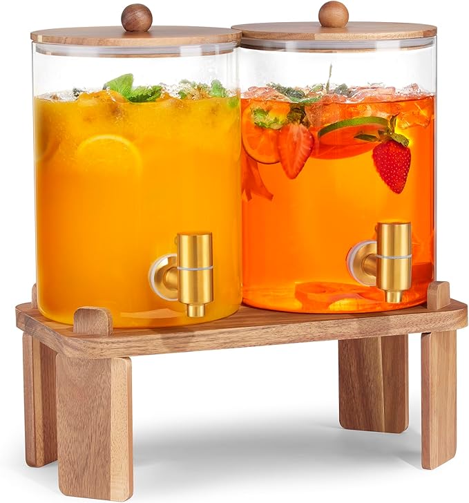 2 PCS 1 Gallon Drink dispenser, Glass Beverage Dispenser With Wood Stand, Large Water Drink Dispensers for Parties With St...
