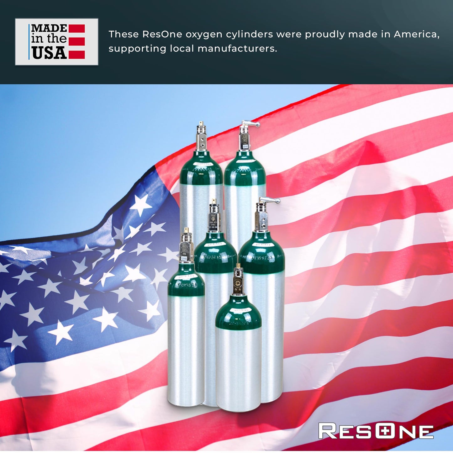 ResOne Portable Aluminum Medical Oxygen Cylinder, D Size, with CGA-870 Toggle Valve for Medical Use - Non-Sparking, Green Dome, Brushed Finish, 14.3 cf, Ships Empty, Prescription Required to Fill