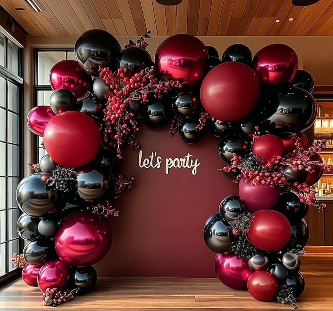 Black Red Balloons Thick Double Stuffed Black Burgundy Balloon Garland Arch Kit for Gothic Vampire Till Death Do Us Rip To Twenties Halloween Birthday Party Decorations