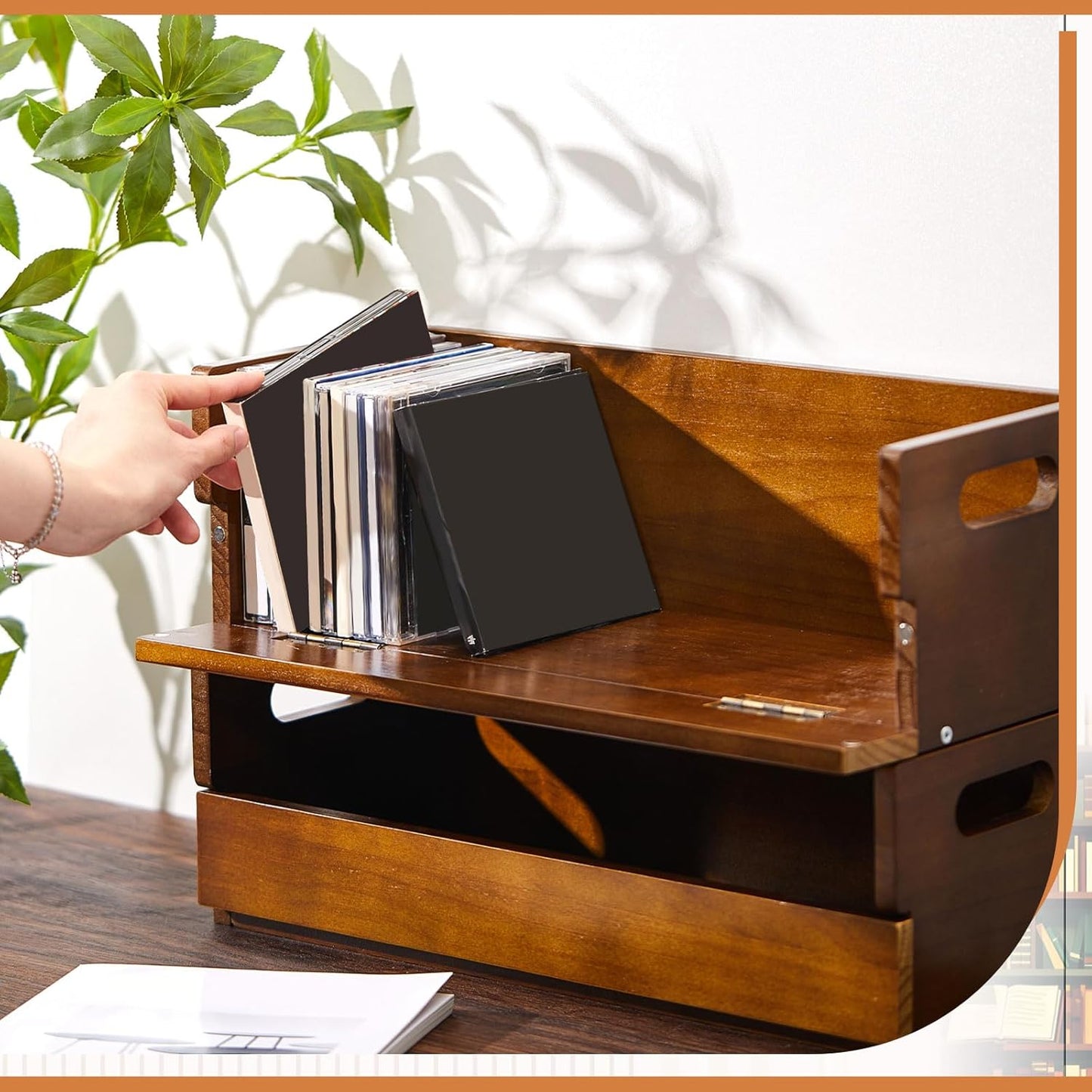 4 Set Wooden CD Storage Box Holder Shelf Cassette Tape Display Racks with Carrying Handles, Organizer Shelf for Movie Cases, DVDs, Each Set Can Store up to 36 Pcs CDs (Brown)