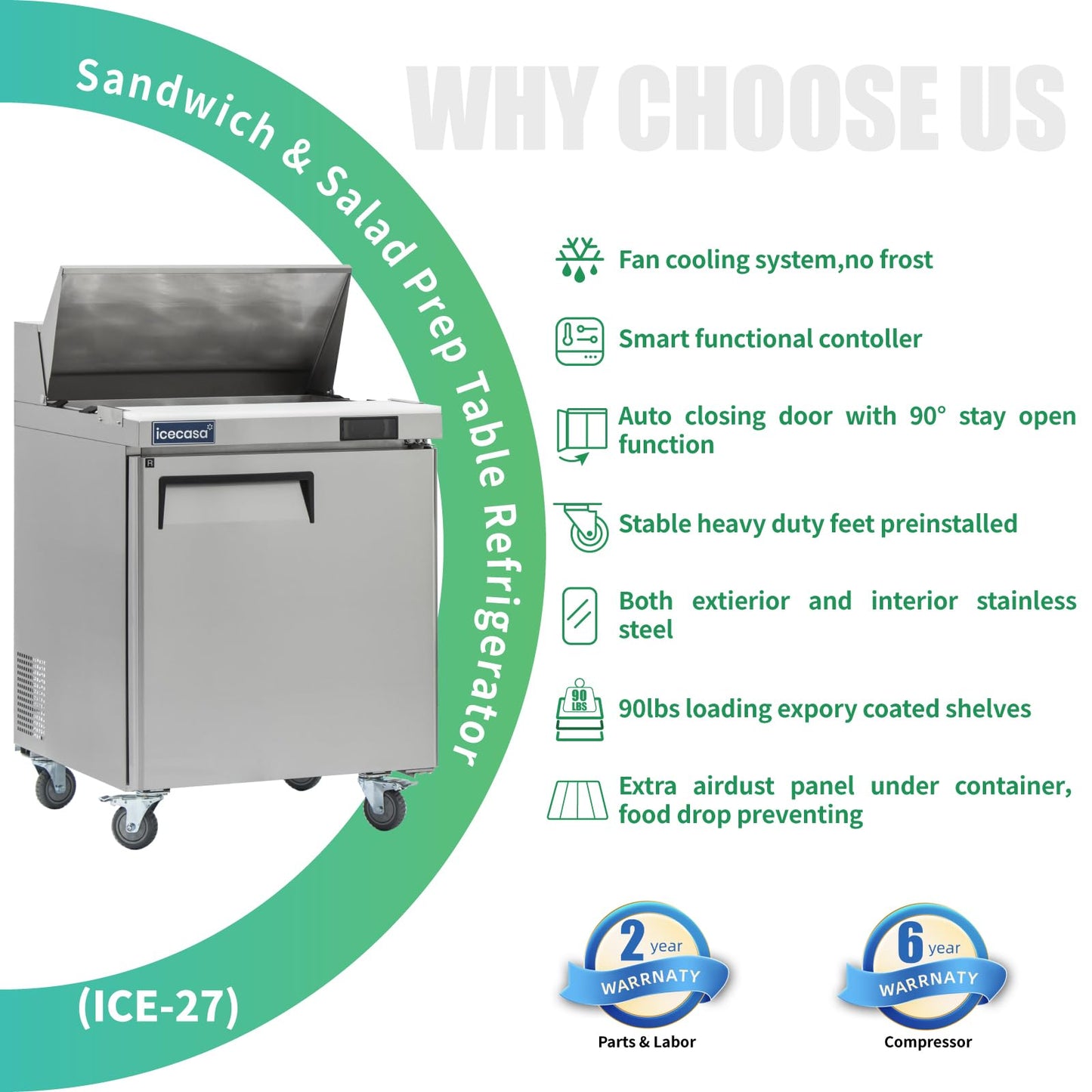 ICECASA 27" W Commercial Refrigerator Sandwich&Salad Prep Table single Door Stainless Steel Counter Fan Cooling Refrigerator with 8 pans-27 Inches for Restaurant, Bar, Shop, etc
