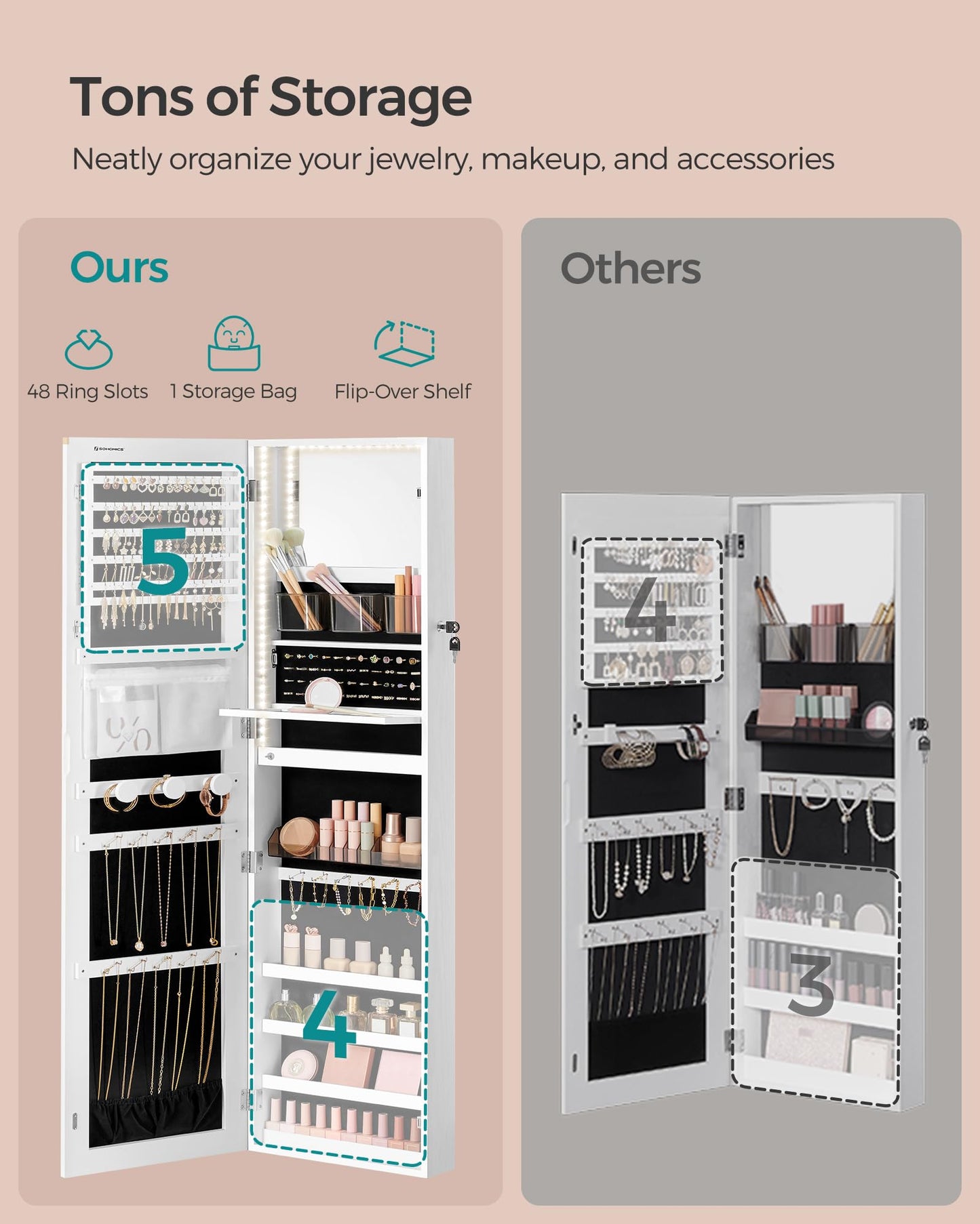 SONGMICS 55 Inches Tall Spacious Jewelry Cabinet, Jewelry Armoire with Light-Up Interior Mirror, Wall or Door Mounted Jewelry Storage Organizer, Lockable, Gift Idea, Cloud White UJJC032W01
