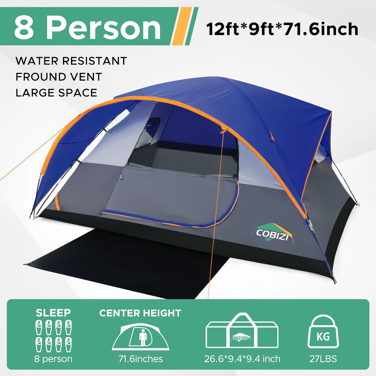 COBIZI Camping Tent, 8 Person Easy Setup Waterproof Windproof Family Tent with Removable Rainfly, Lightweight Portable Outdoor All-Season Dome Tent for Camping, Travel, Fishing, Hiking (Dark Blue)