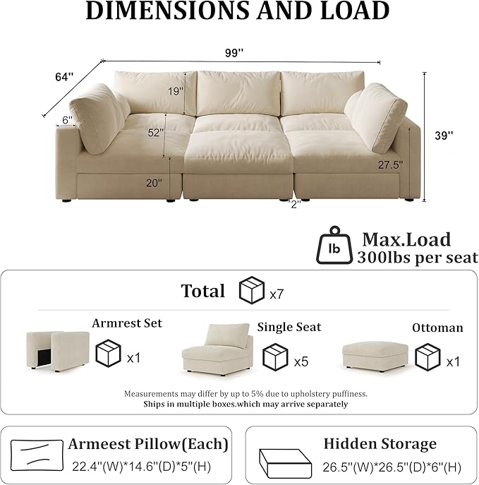 Cloud Modular Sectional Sleeper Sofa with Storage Ottoman, 99" Oversized Sectional Couches for Living Room, Cloud Modular Sleeper Sofa with Chaise, 6 Seater, Chenille, Beige