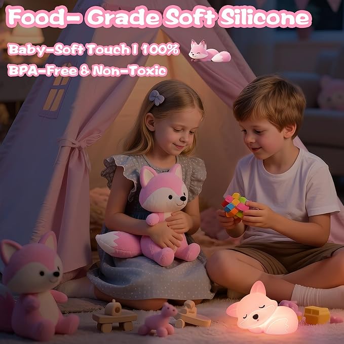YuanDian Fox Night Light for Girls, Squishy Fox Silicone Lamp Novelty Gifts, Rechargeable Dimmable Timer Bedside Touch Nightlight for Breastfeeding Toddler Baby Kids