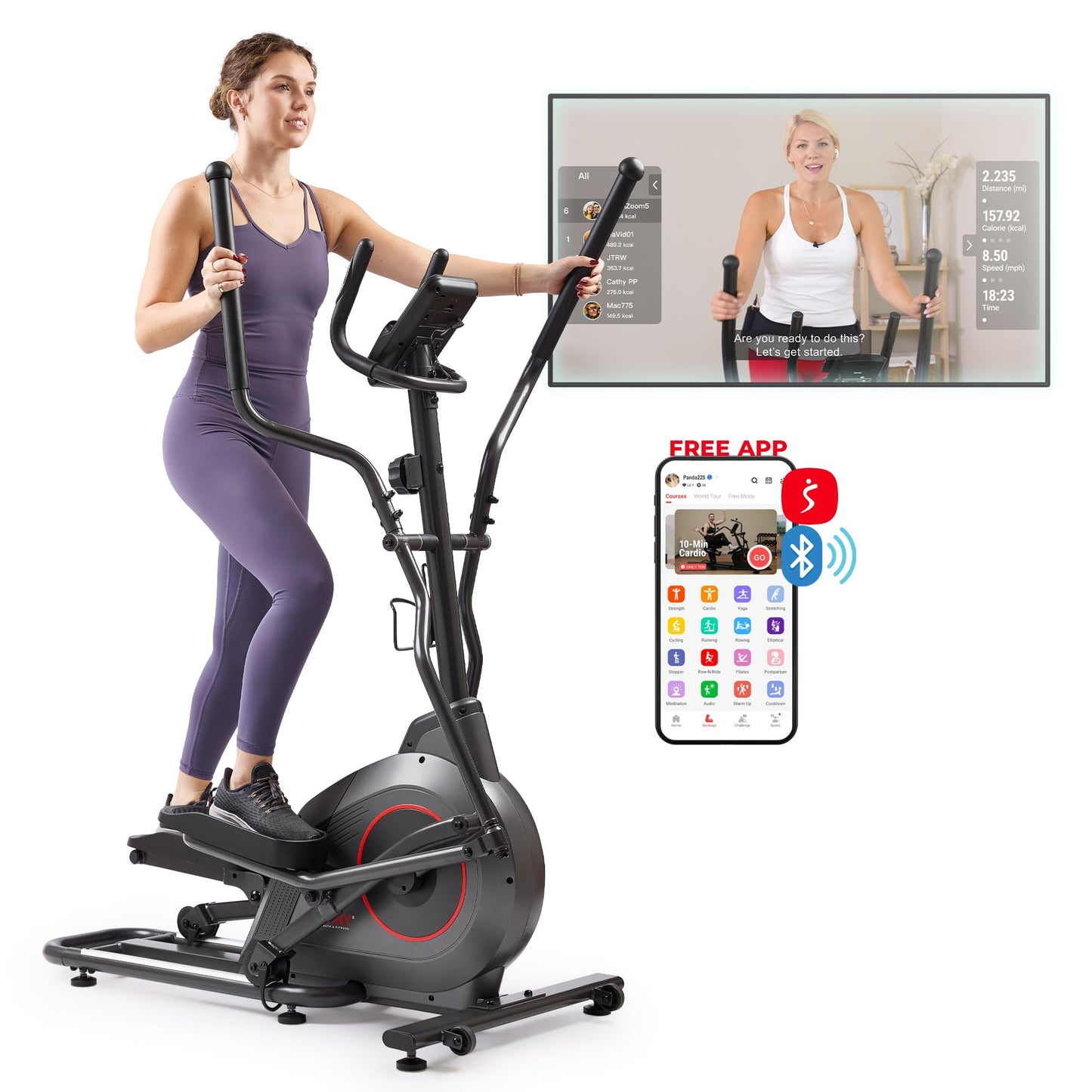 Sunny Health & Fitness Upright Magnetic Elliptical Exercise Machine w/Pulse Sensor for Full Body Cross Training Cardio Machine for Home, Optional Long Stride via Bluetooth and App Access Black