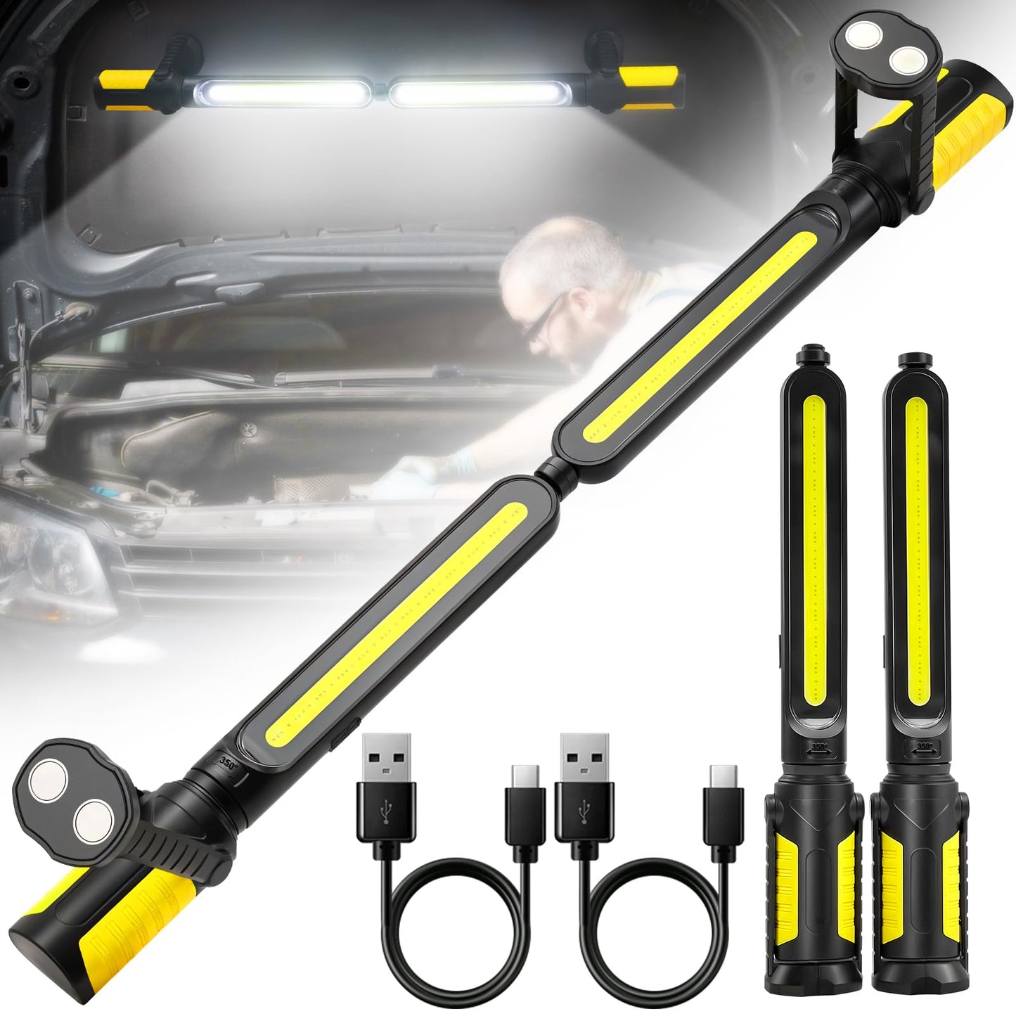SYLSTAR Work Light for Mechanic, 2400LM LED, 4400mAh Rechargeable, Magnetic, Underhood Work Light with Hooks for Car Repairing, Job site, Garage, Workshop, Emergency(Yellow)