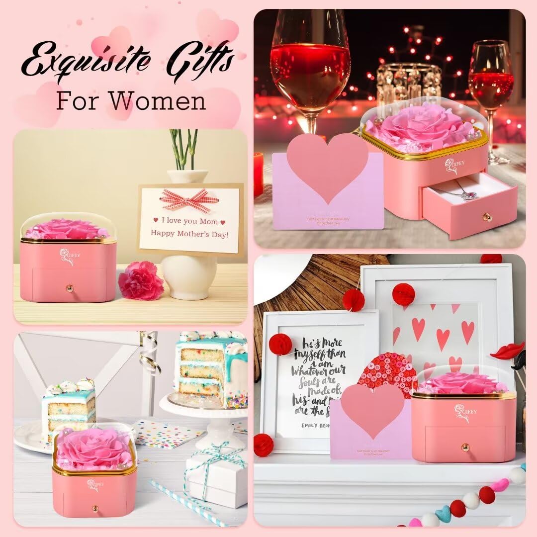 Mothers Day Rose Gifts for Mom,Preserved Real Rose with Necklace Eternal Flowers Pink Rose Gifts for Mom Grandma Her Wife Girlfreind on Mothers DayValentines Day Anniversary Birthday Gifts (Pink)