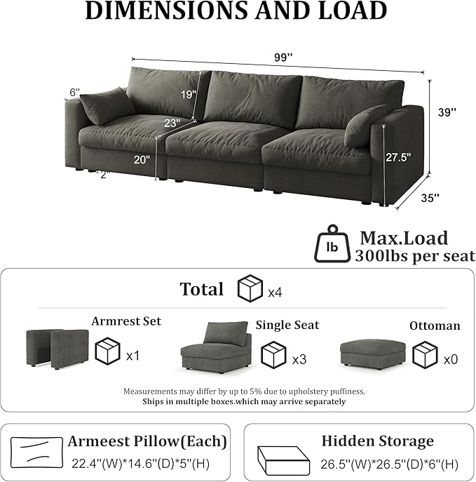 Cloud Modular Sectional Sofa Couch, 99" Oversized Sectional Couches for Living Room, Cloud Modular I-Shaped Sofa with Chaise, 3 Seater, Chenille, Dark Gray
