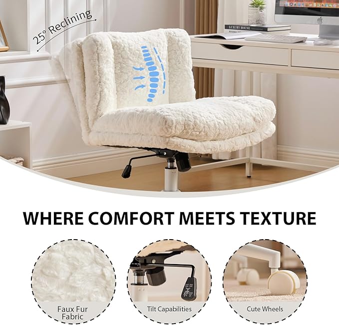 Cross Legged Office Chair with Wheels, Comfy Armless Office Chair with Extra-Deep Seat & 2-Layer Cushions, Adjustable Height, Tilt-Back Swivel Faux Fur Vanity Chair for Home Office, Cream
