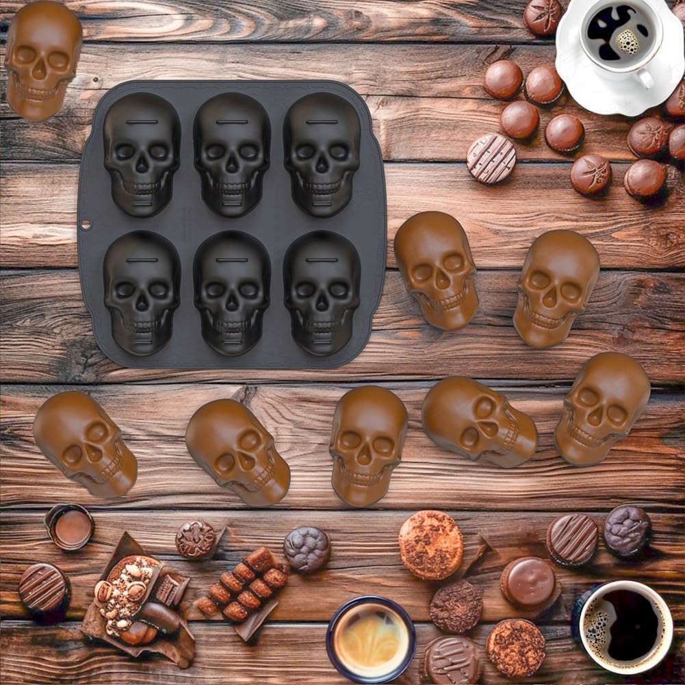 Jefuzh Skull Cake Pan Silicone Mold, 6 Cavities Pirate Skull 3D Silicone Mold Baking Pan,Black Easy to Use