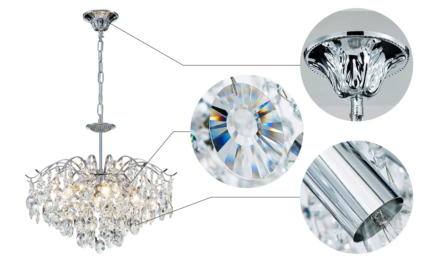 Saint Mossi Modern K9 Crystal Chandeliers, Middle Century Modern Design Chandelier Light Fixture for Dining Room, D20 x H17, Adjustable Chains 59", Chrome Finish Metal Frame