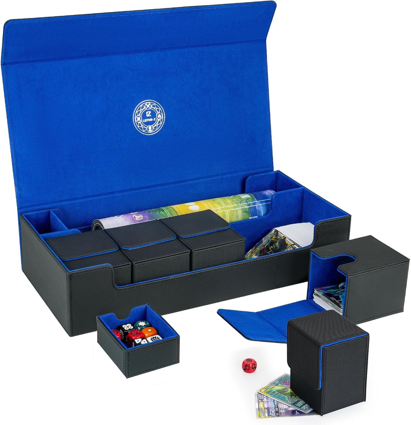 6 in1 Card Deck Box Set,X-Large Premium Trading Card Storage Case with 5 Small Box,Magnetic Game Deck Display Case Compatible with MTG/TCG/Yugioh/Magic/Commander(Black＆Blue)