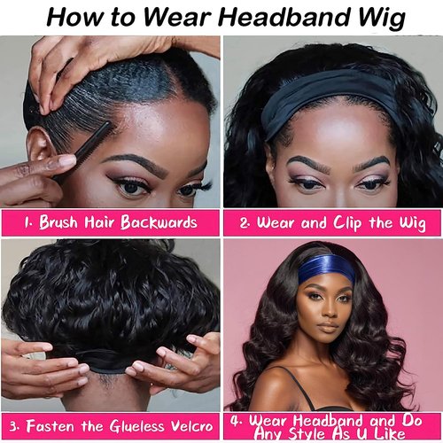 JCL Headband Wig Human Hair Body Wave Headband Wigs Human Hair Wig 14 Inch Human Hair Curly Wigs for Black Women Natural Color None Lace Front Wigs