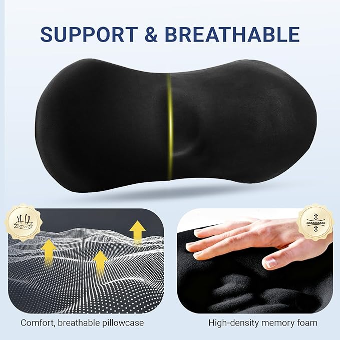 FOUSUPDT Lumbar Pillow with Adjustable Strap, Memory Foam Lumbar Support Pillow for Office Chair and Car Seat, Back Pillow for Lower Back, Back Support Pillow for Sitting, Driving, Traveling