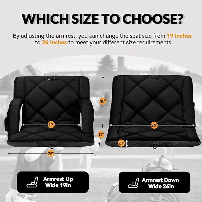 25inch Extra Wide Stadium Seat, Thick Bleacher Chair with Back Support and Cushion, 6 Reclining Positions Bleacher Seat with Armrest, Upgrade Sofa Style Stadium Chair for Sport Events and Outdoors