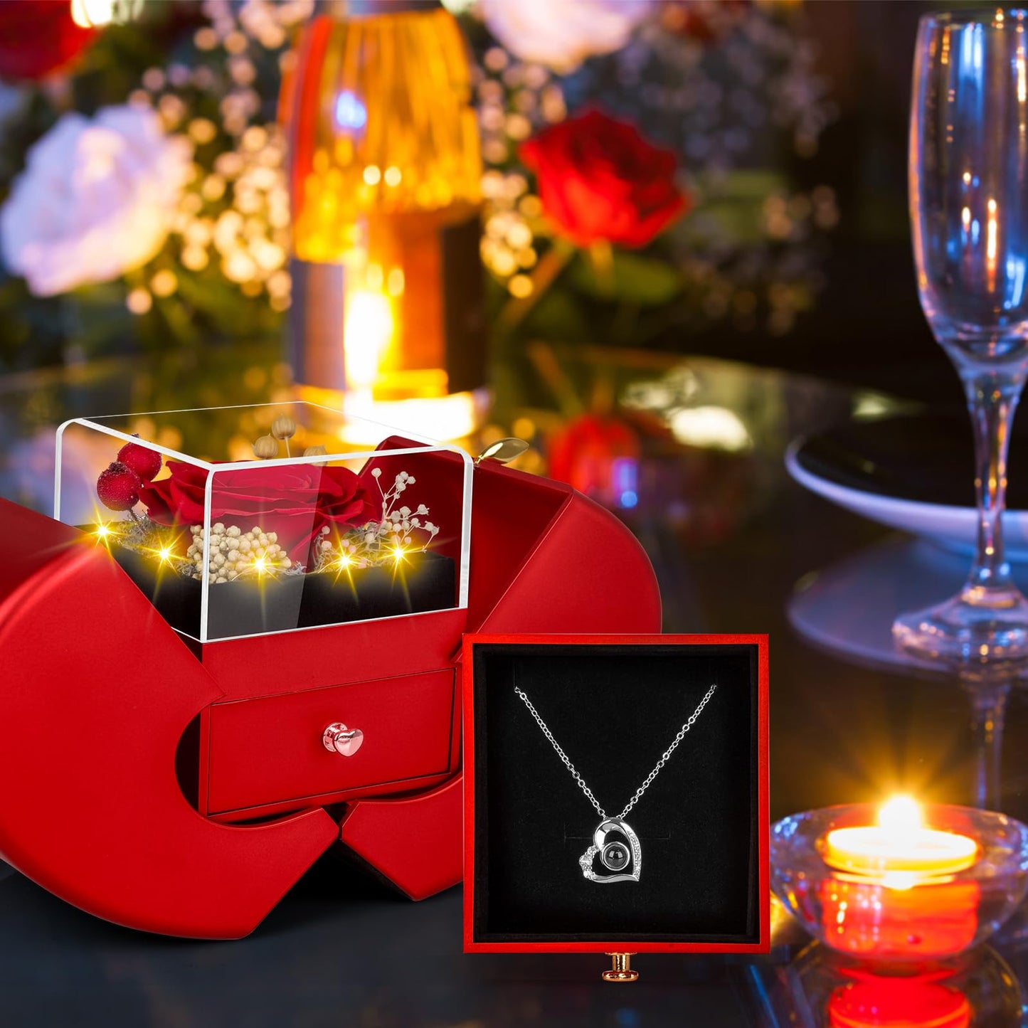 Lebana Preserved Red Real Rose with I Love You Necklace, Birthday Gifts for Women Her Mom Wife Girlfriend Grandma Christmas Anniversary Romantic-Red