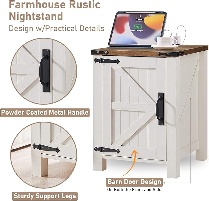 OKD Nightstand with Charging Station, 18 Inch Farmhouse End Table with Barn Door and Adjustable Storage Shelf, Rustic Wood Sofa Side Table w/Magnetic Door for Living Room, Bedroom, Antique White