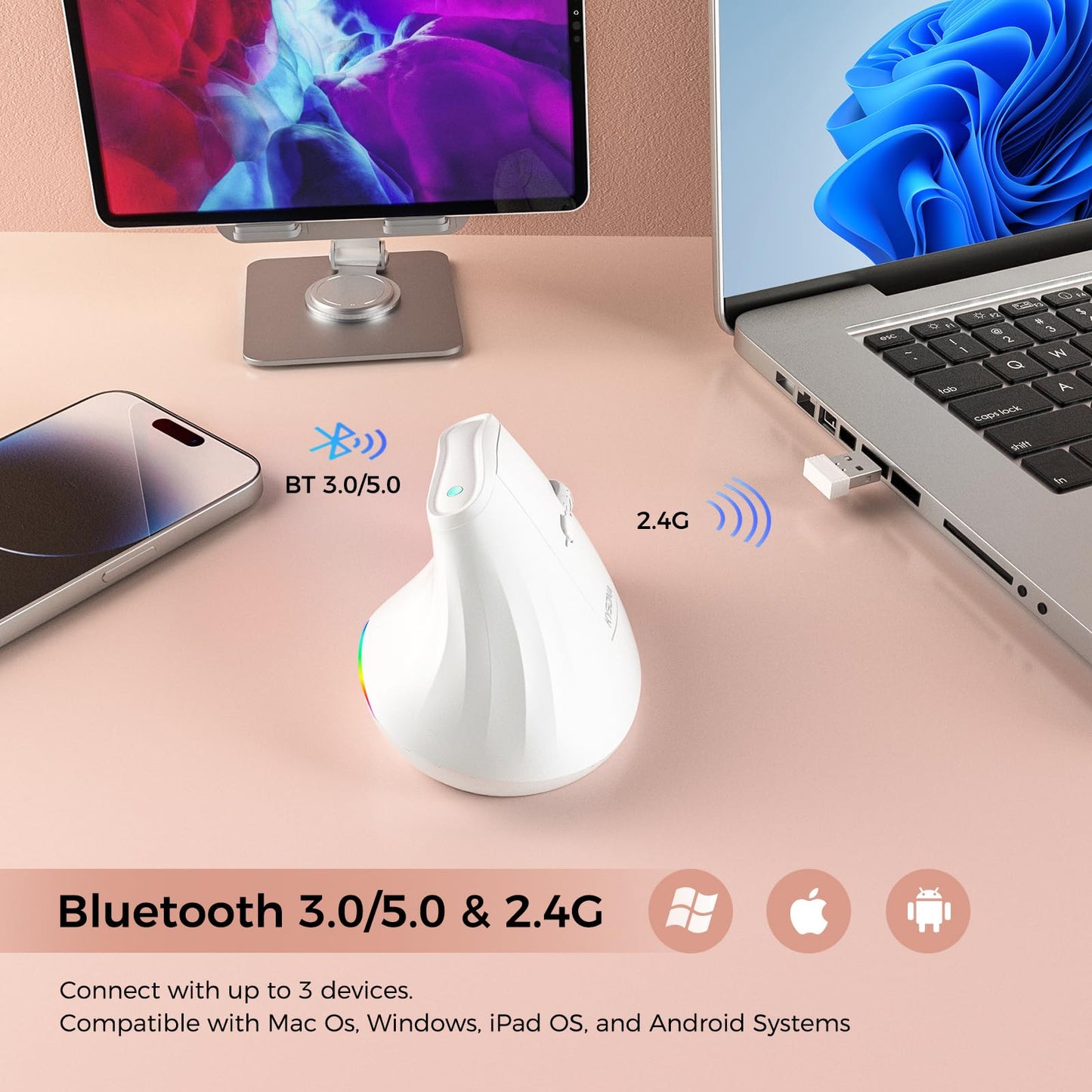 57 Wireless Ergonomic Mouse, Vertical Mouse, Carpal Tunnel Mouse, Rgb Light, Rechargeable, Bluetooth & 2.4G, 5-Level Dpi Adjustm