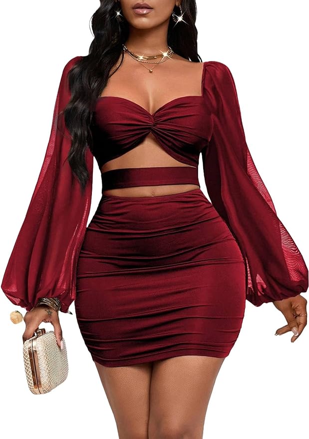 GothDark Womens Sexy Mesh Dress Bodycon Cut Out Puff Sleeve Ruched Party Club Homecoming Mini Dresses