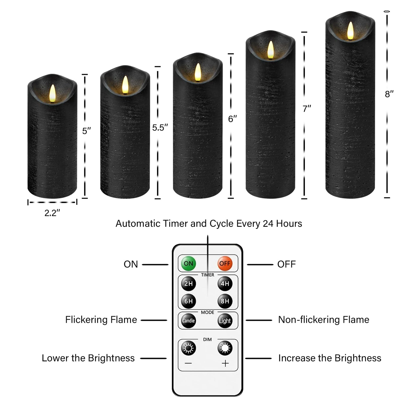 Nimiko Flickering Flameless Candles with Remote Control and Timer Set of 5 Pc Real Wax LED Pillar Candles, Battery Operated Candles（D2.2×H5/5.5"/6"/7"/8"） Home Decor Flameless Candles（Black）