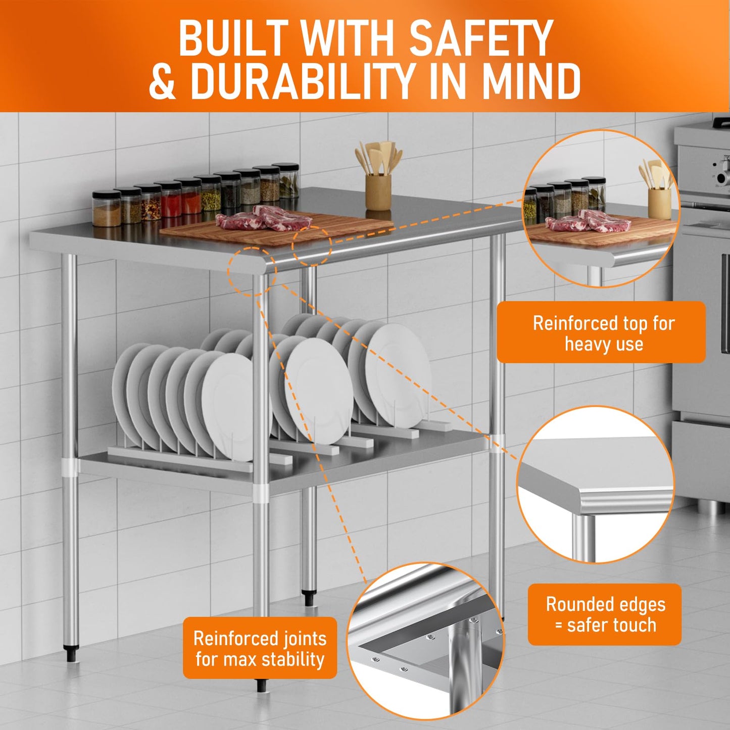 HOCCOT Stainless Steel Table for Food Prep & Work 24 x 36 inches Utility Table with Adjustable Undershelf, Commercial Workstation in Kitchen, Garage, Outdoor BBQ