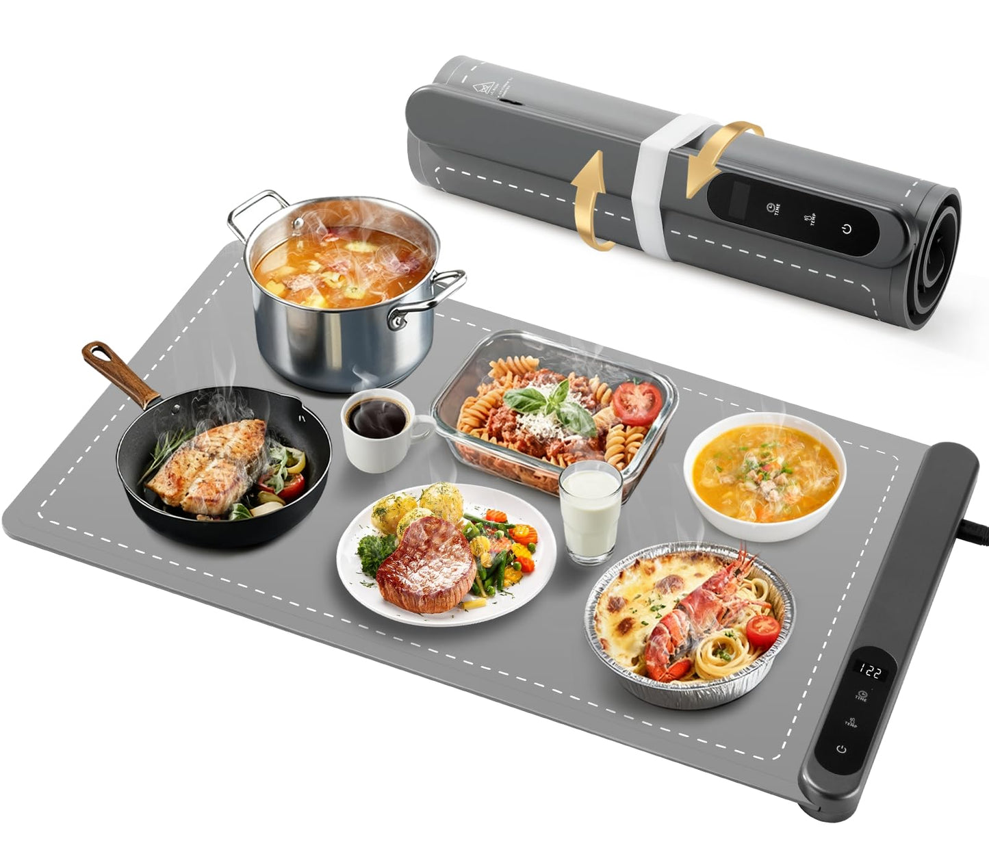 Warming Food Mat, Electric Heating Warming Mat for food with 6 Level Temperature & 6 Hours Timer, Flexible Silicone Food Warmer, Portable Warming Trays for Party Home Kitchen (Gray, 23.6"x15")