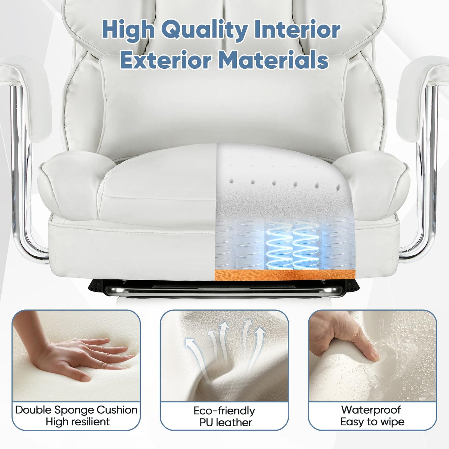 DUMOS Home Office Desk Executive Chair - Ergonomic Big Tall High Back with Footrest & Lumbar Support, Reclining Height Adjustable, Comfy PU Leather Computer Gaming with Swivel Wheels, White