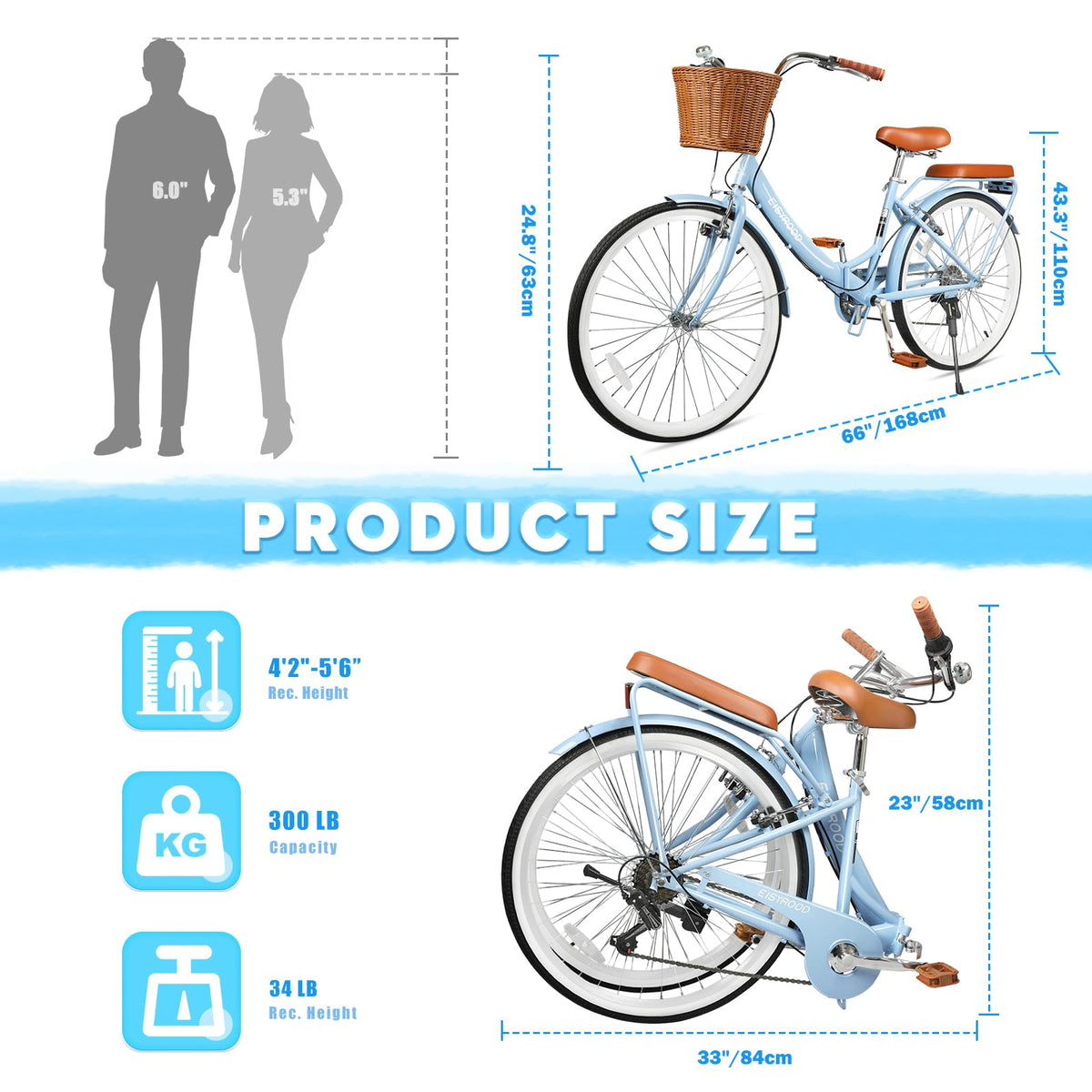 26 Inch Foding Bike, 7 Speed Women Beach Cruiser, Foldable Cruiser Bike with Adjustable Seat, Folding Commute Bike with Lightweight, Anti-Skid Tires & V-Brakes for Women (Blue)